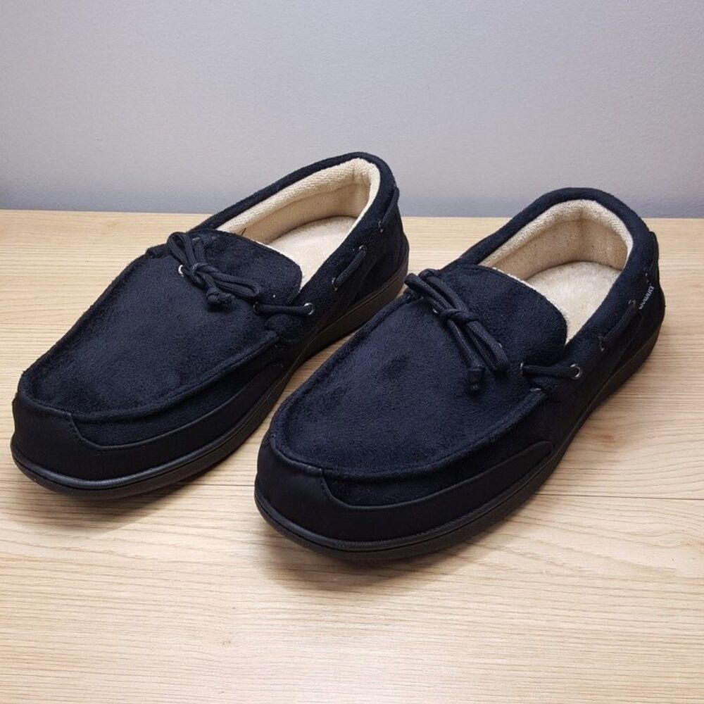 ISOTONER Slippers Mens Size 13 14 Black Slip On Plush Lined Gel Memory Foam